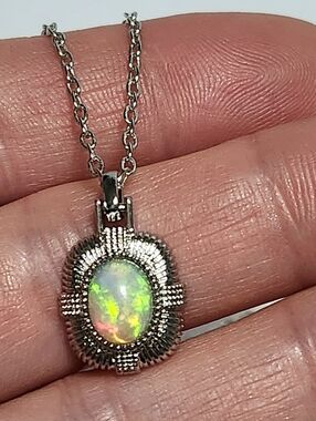 Sterling Silver Oval Iridescent Opal Pendant & Chain Necklace 18"